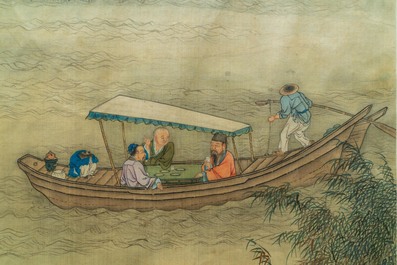 Ecole chinoise, encre et couleurs sur soie, 18/19&egrave;me: 'Buveurs de th&eacute; sur une fleuve'